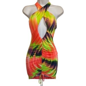 MEEK Neon Colorful Criss Cross Keyhole Halter Bodycon Mini Rave Dress X-Small